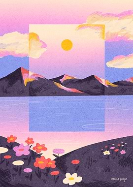 Pastel Mountain Lake Landscape with Flowers