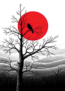 Black Bird on Tree Branch with Red Sun