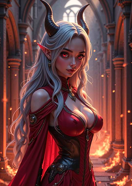 Sexy Anime Devil Girl in Fiery Cathedral