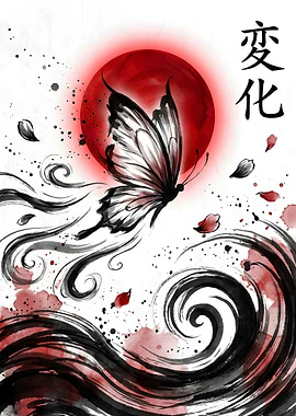 Japanese Butterfly and Sun Art