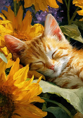 Kitten Sleeping Among Sunflowers