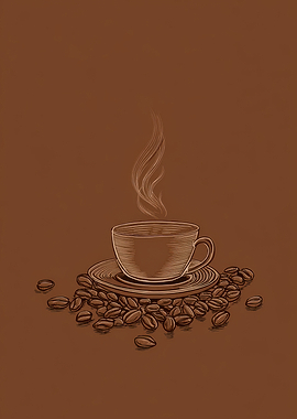 Steaming Coffee Cup with Beans