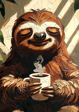 Sloth enjoying coffee with steam