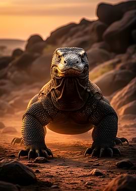 Komodo Dragon in Desert Sunset