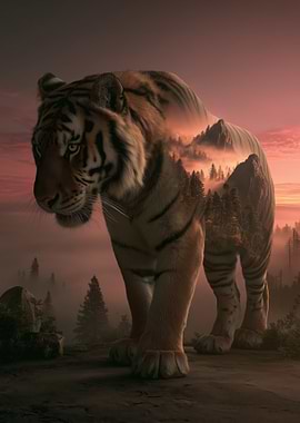 Tiger with Forest Landscape Overlay