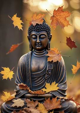 Buddha Statue with Autumn Leaves