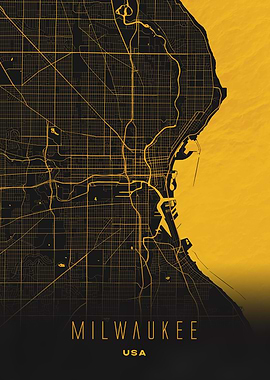 Milwaukee, Wisconsin - Golden City Streets Map, USA Wall Art