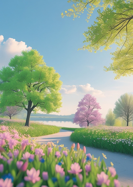 Spring Park Path with Flowers and Trees