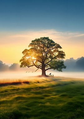 Misty Sunrise Over a Lone Oak Tree