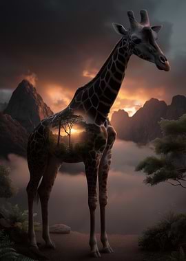 Giraffe African Landscape Double Exposure