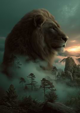 Majestic Lion Over Misty Mountains
