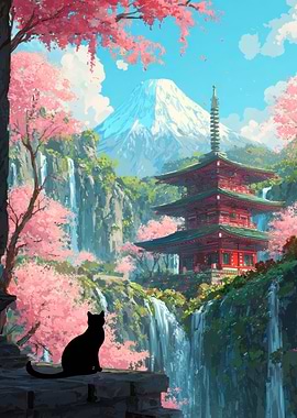 Black Cat Overlooking Japanese Landscape