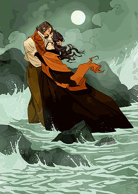 Couple embracing in stormy sea