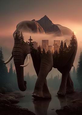 Elephant Cityscape Double Exposure
