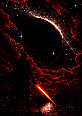 Warrior with glowing sword in space