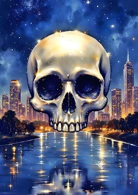 Skull over Cityscape at Night
