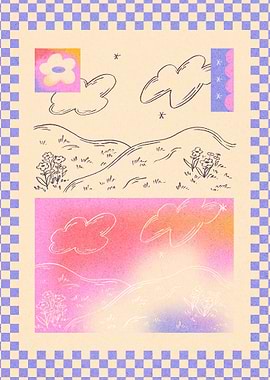 Whimsical Landscape with Clouds and Flowers