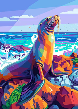 Colorful Sea Lion on Rocks