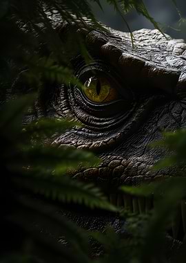 Dinosaur Eye Peeking Through Ferns