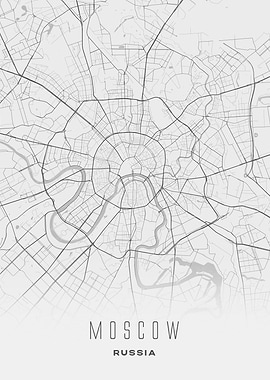 Moscow, Russia - Minimal White Ring Roads City Map, Wall Art Print