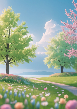 Serene Spring Landscape with Blooming Trees