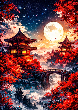 Enchanting Japanese Pagodas Under a Full Moon