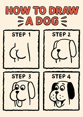 How to Draw a Dog Poster, Step-by-Step Cartoon Dog Face Art, Beginner Drawing Tutorial