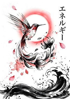 Hummingbird and Flowers in Japanese Art Style