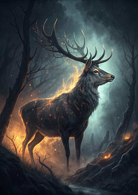 Fiery Stag in Misty Forest