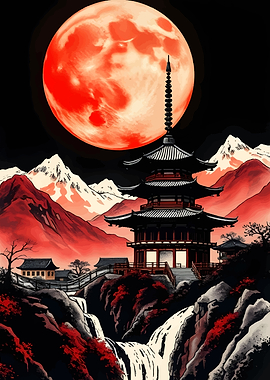 Japanese Pagoda Under a Blood Moon