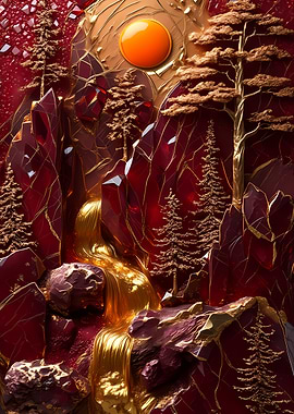 Garnet Mountain Landscape with Golden Waterfall