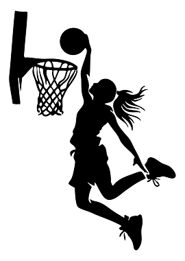Silhouette of a girl dunking a basketball