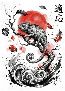 Chameleon on a Branch with Japanese Art