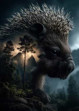 Hedgehog in a Misty Forest Landscape