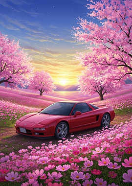 Red Sports Car in Cherry Blossom Field