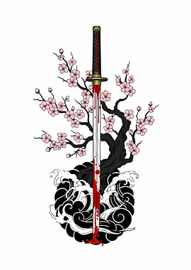 Bloody Katana with Cherry Blossoms and Waves
