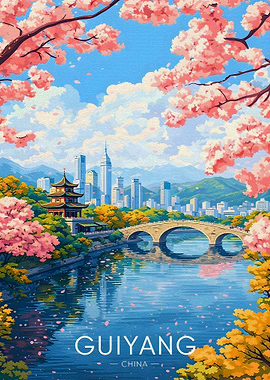 Guiyang Cityscape with Cherry Blossoms