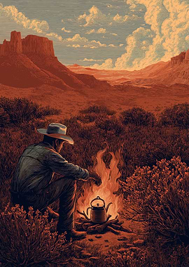 Cowboy by Campfire in Desert Landscape