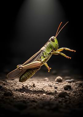 Close-up of a green grasshopper on soil