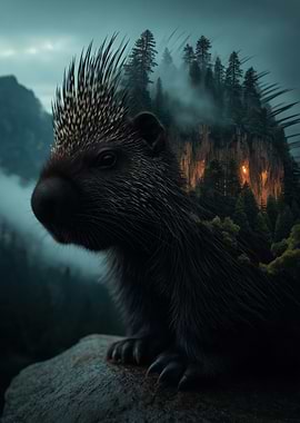 Porcupine with Forest Landscape