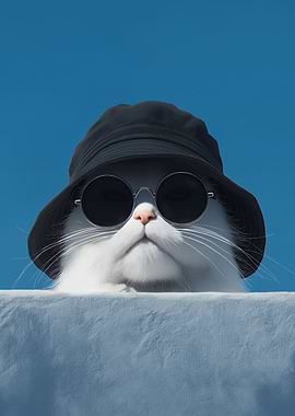 Cat Wearing Sunglasses and Bucket Hat