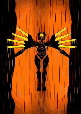 Robotic figure with wings in orange rain