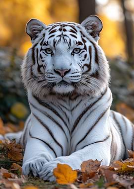 White Tiger in Autumn Leaves