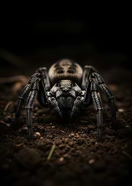 Close-up of a spider on dark soil
