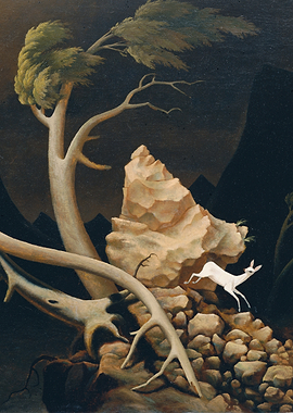 White Deer Leaping in a Dark Forest