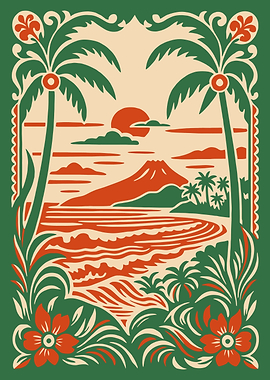 Tropical Sunset Landscape with Volcano