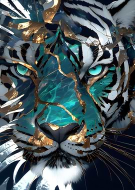 Cracked Tiger Face with Teal and Gold