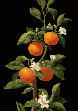 Orange Tree Branch with Fruit and Flowers
