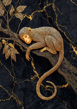 Gold Monkey Sleeping On Tree