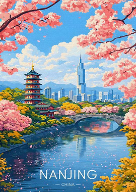 Nanjing Cityscape with Cherry Blossoms